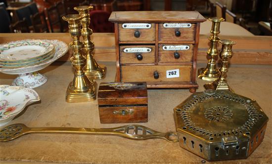 2 pairs of Victorian brass candlesticks, 3 other pieces